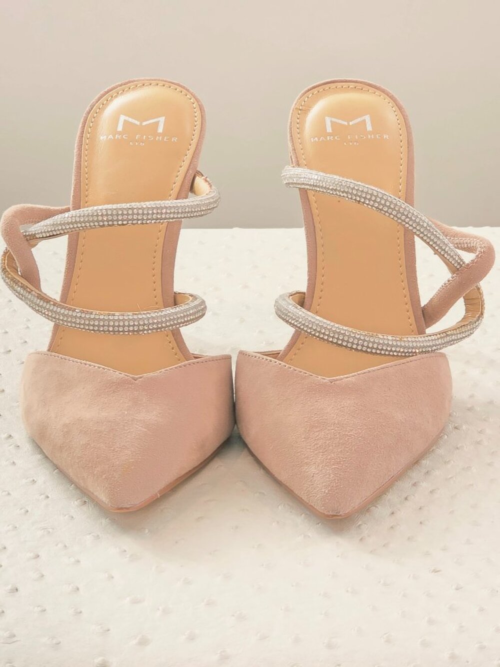 Pair Marc Fisher pumps, slides, straps, Size 7.5M, blush/cream, 4" heel